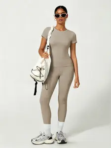 Women's Sporty Yoga Set, Soft Breathable Short-Sleeve Top & Skinny Elastic Pants, Sportswear for Fitness, Running and Outdoor Activities