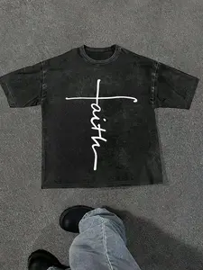 Mens Y2K Fashion - Black Washed T-Shirt: Mens Urban Faith Script Tee  Bold Black Inspiration
