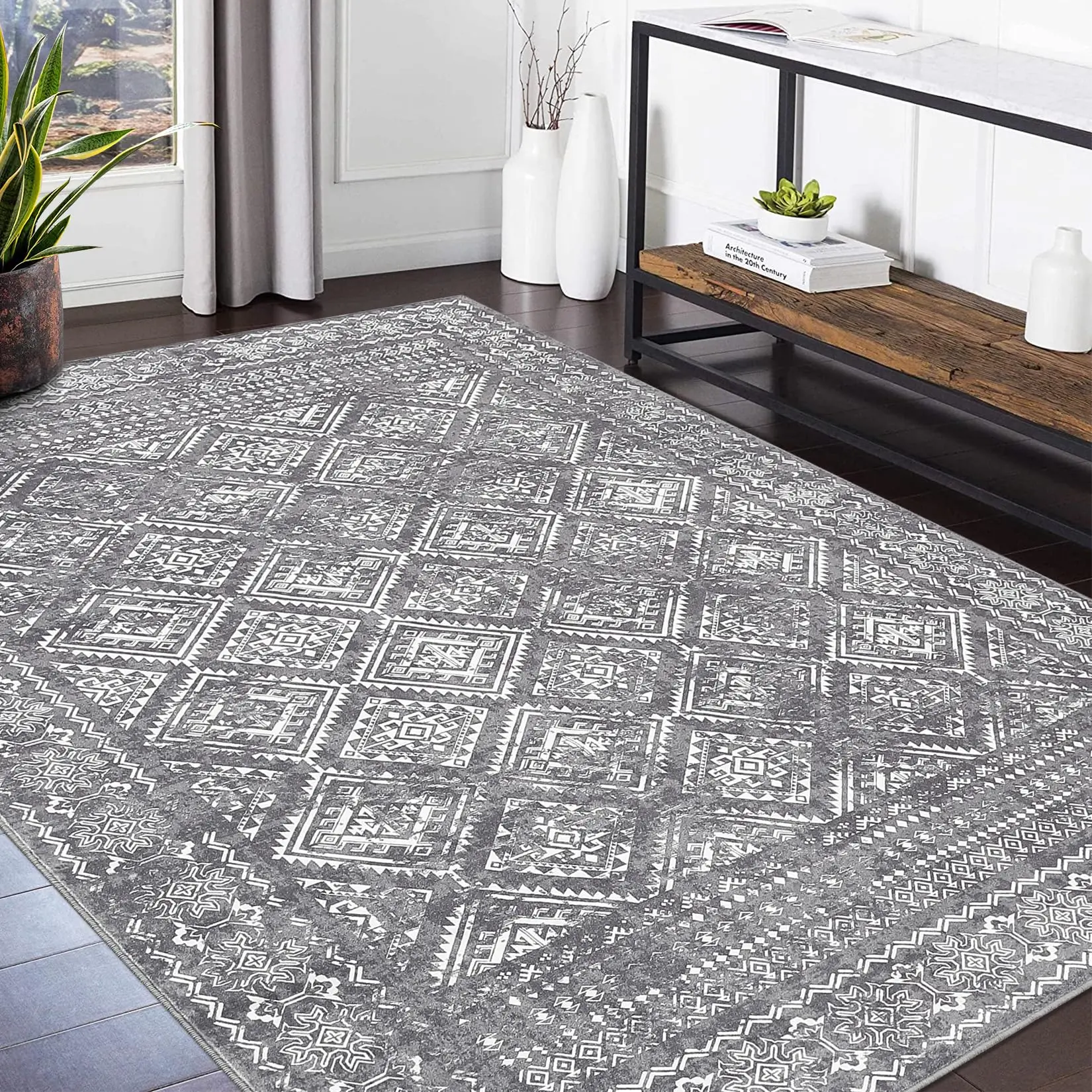 【GARVEE】8x10 Area Rug for Living Room, Moroccan Boho Style, Washable, Ultra-Soft with Non-Slip Backing, Thin Distressed Floor Carpet for Bedroom, Playroom, Home Office, Under Table, Grey