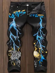 Men's Graphic  Print Zip Up   Jeans, Casual Comfy Denim Jeans for Daily Wear, Fashion Men's Bottoms for All Seasons, Graphic Pants