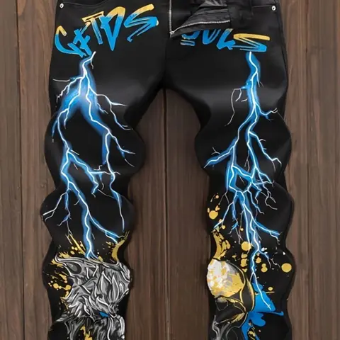 Men's Graphic  Print Zip Up   Jeans, Casual Comfy Denim Jeans for Daily Wear, Fashion Men's Bottoms for All Seasons, Comfy Fit Pants Clothing