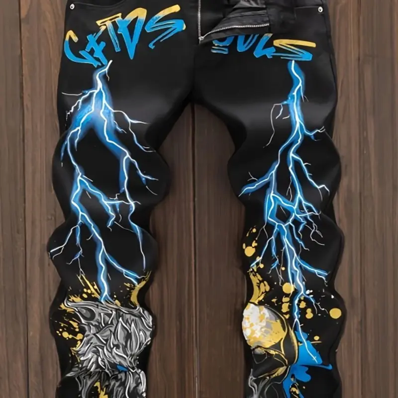 Men's Graphic  Print Zip Up   Jeans, Casual Comfy Denim Jeans for Daily Wear, Fashion Men's Bottoms for All Seasons, Comfy Fit Pants Clothing