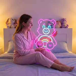 Pink Teddy Bear LED Neon Sign with Rainbow and Heart Design, USB Powered Handmade Neon Wall Light for Bedroom, Aesthetic Room, Vanity Area, Party Decor, Cute Wall Art Gift for Girls and Friends
