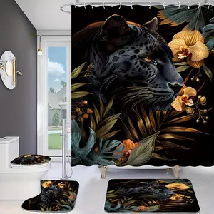 Leopard & Flower Pattern Bathroom Decor Set, 4 Counts/set Including Shower Curtain & Toilet Lid Cover & Mat & U-shaped Mat, Bathroom Accessories