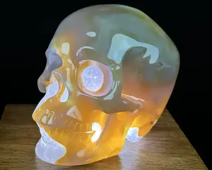 Geode 5.0" Premium Brazilian Agate Carved Crystal skull with Led Stand,Super Realistic, Crystal Healing