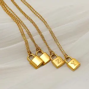 18K Gold Plated Stainless Steel Padlock Initial Necklace, Adjustable 43+5cm Chain, Minimalist Ins Style Hypoallergenic Clavicle Necklace for Women locket heart cruel intentions