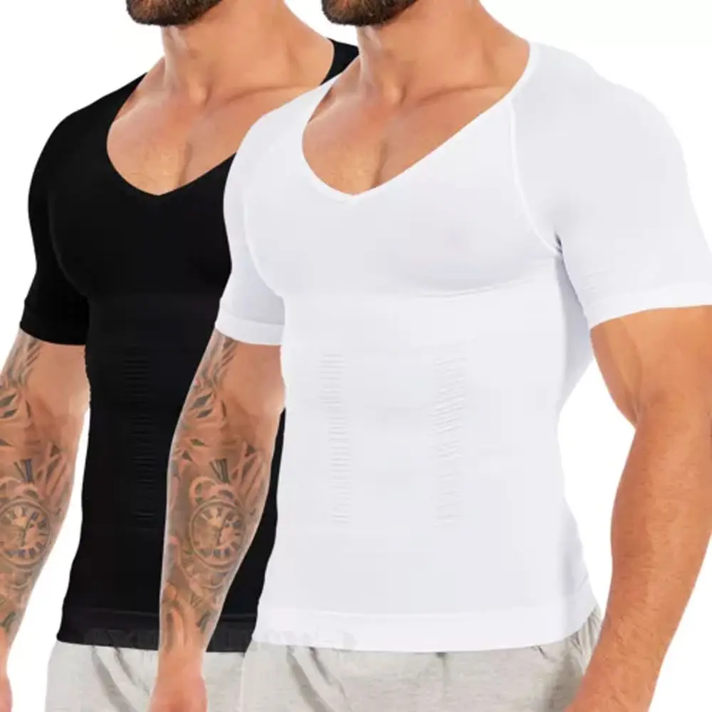 CATTIBOR 1/2 Pack Men's Shaping Shirt Short Sleeve,Men V Neck Shirt Shapewear,Men Sport Vest Tank Tops Menswear Undershirt For All Seasons