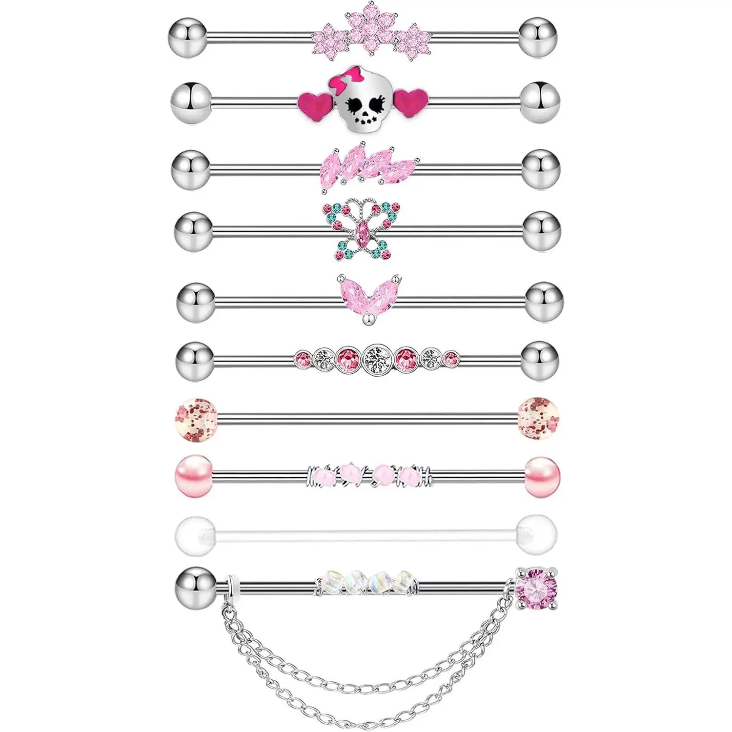 Industrial Body Piercing Jewelry, 10-Piece 14G Surgical Steel Barbell Set for Women, 38mm Cartilage Earrings with Flower & Butterfly Chain