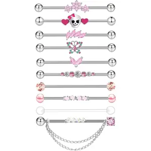 14G Industrial Piercing Jewelry Surgical Steel Industrial Barbell Earrings for Women Helix Cartilage Piercing Earrings Pink Butterfly Chain Flower Skull 38mm