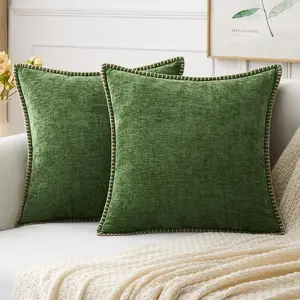 Pack of 2 Couch Throw Pillow Covers 18x18 Inch Moss Green Farmhouse Decorative Pillow Covers with Stitched Edge Soft Chenille Solid Dyed Spring Pillow Covers for Sofa Bed Living Room