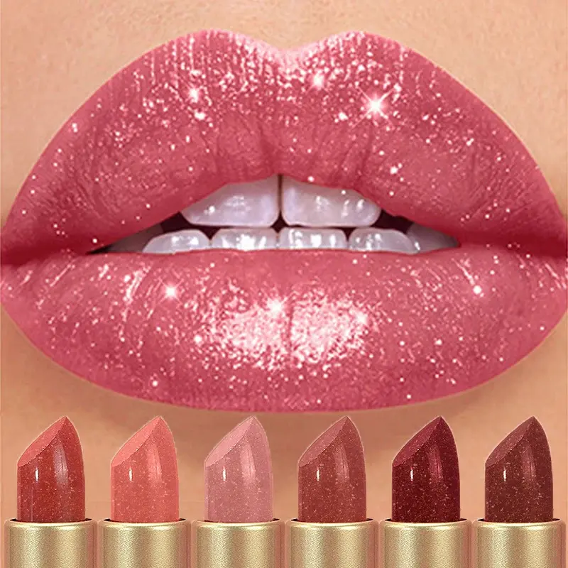 Diamond Pink Lipstick Chocolate Brown Metallic Glitter Lipstick Long-Lasting Waterproof Shimmer Pearl Sparkling Lip Gloss Makeup