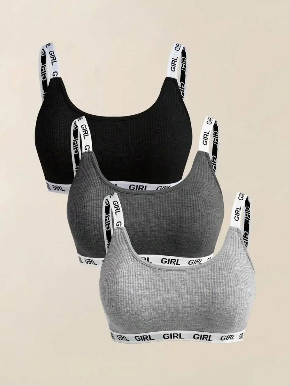 3Pcs Women's Seamless Ribbed Sports Bra Set | Wireless Scoop Neck Bralettes with Letter Elastic Band | Soft Stretch Everyday & Yoga Bras