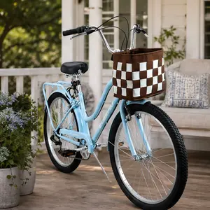 26 Inch 7-Speed City Commuter Bike with Detachable Basket & Lock, High-Tensile Steel Frame, Lightweight Alloy Wheels, V-Brakes, Padded Saddle, Rear Rack, Blue, for Urban Riding, Commuting, Leisure, Blue Color Options, Steel Material