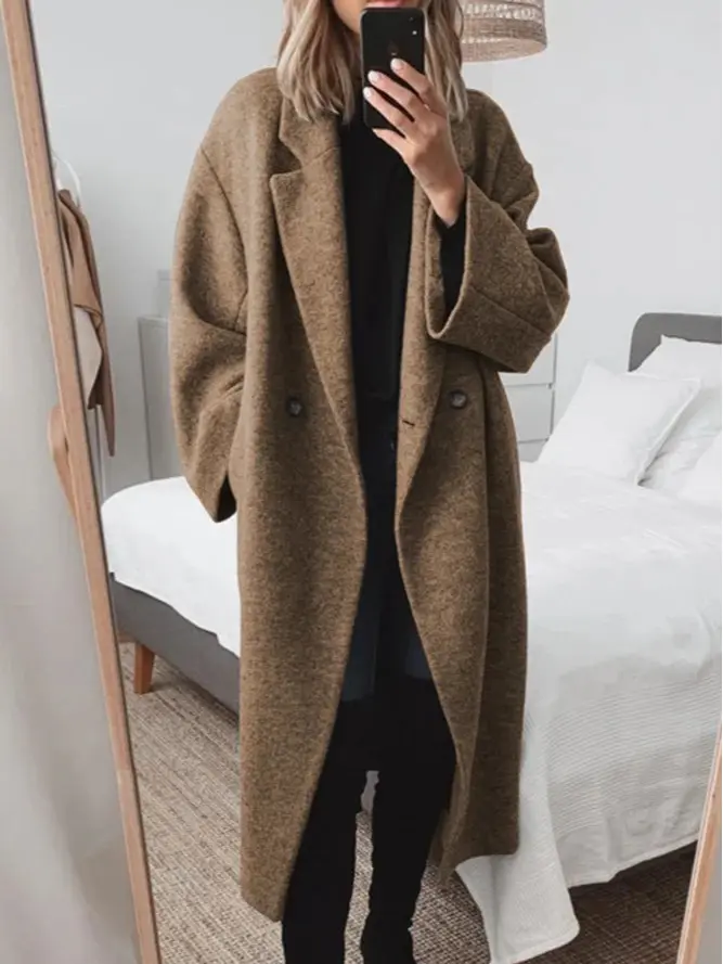 Women’s long winter trench coat with double-breasted design and turn-down collar, button closure, casual and fashionable for everyday wear