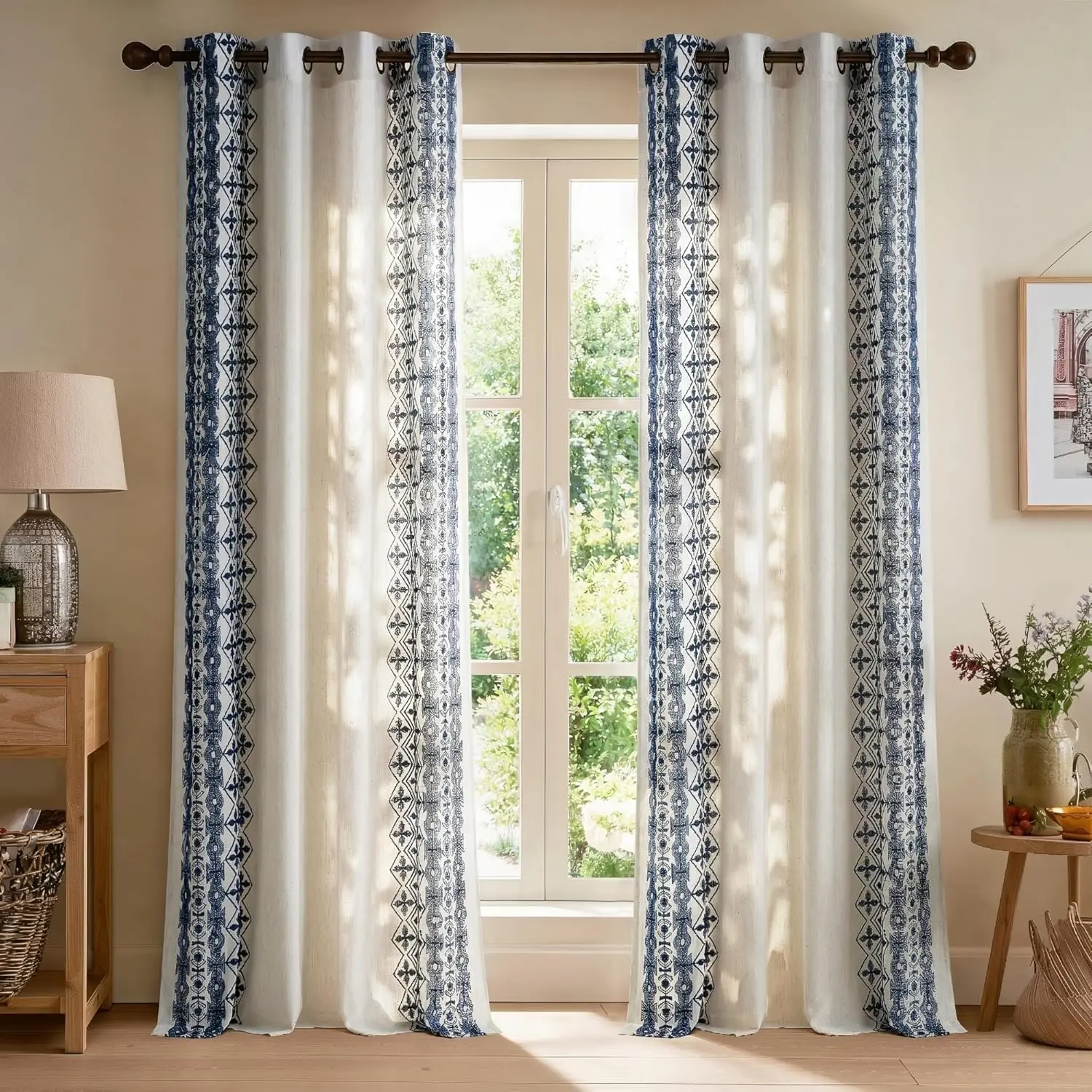 NICETOWN Linen Curtains, Farmhouse Embroidered Drapes for Cottage, Light Filtering Bronze Grommet Top Chic Geometric Patterned Panels, 1 Pair