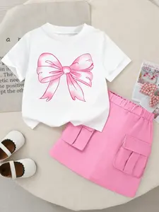Y2K Style Girl Two-Piece, Bow Print T-Shirt & Utility Skirt Set, Summer Casual Wear, Elegant Fitted Suit