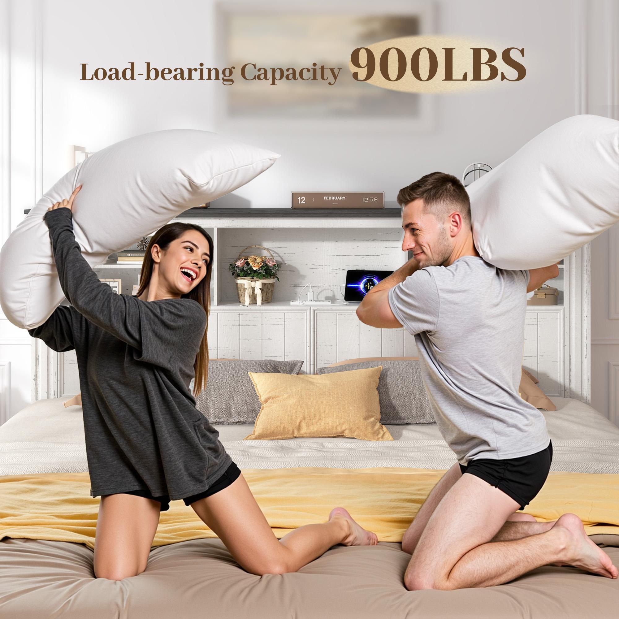 Raybee Full Queen King Bed Frame with 4 Storage Drawers,  LED and Charging Station,  Farmhouse Bed Frame with Headboard and Metal Slats, Holds 900LBS, Noise-Free