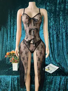 Women's Elegant Lace Sleepwear Set, Adjustable Thin Straps, Soft Comfortable Nightgown, Long Sleeve V Neck Floral Pattern, Sheer Mesh Layered, Lingerie