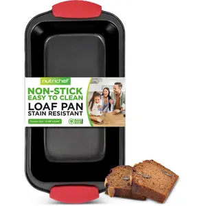 Non-Stick Loaf Pan - Black | Flexible Carbon Steel Bake Pan with Red Silicone Handles - Oven, Refrigerator & Freezer Safe - Easy Release Bakeware for Bread, Cake & Meatloaf - Home Baking