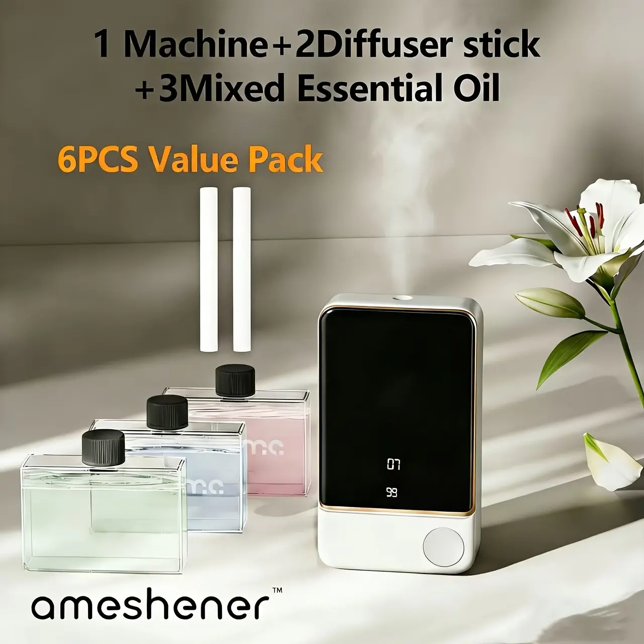 AESHENER Automatic Aroma Diffuser Humidifier - Wall-Mounted/Tabletop, Built-in Li-ion Lithium Ion Batteries Operated, 7 Adjustable Settings, Ambient Nightlight, Long-Lasting Fragrance, All-Season Home Air Freshener Deodorizer