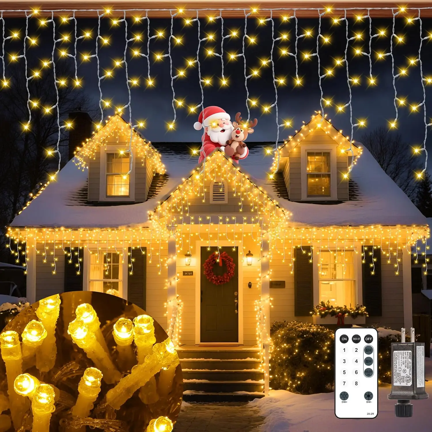Transparent Outdoor Christmas Ice Lights, Warm White 33FT 306-LED Plug-In String Lights with 8 Modes, Remote, Timer Memory for Roofline, Yard, Party Decor