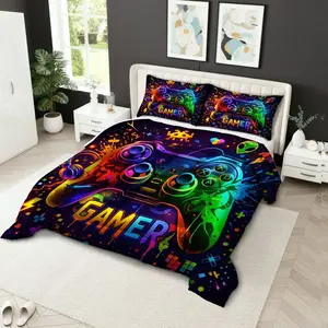 Player Theme Game Controller Bedding Set, Soft Breathable Digital Print Polyester, Includes 1 Fitted Sheet + 2 Pillowcases