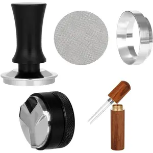 Adjustable Depth Espresso Tamper Set: 58mm Spring  Espresso Distributor Leveler with  Dosing Funnel  Metal &  Screen