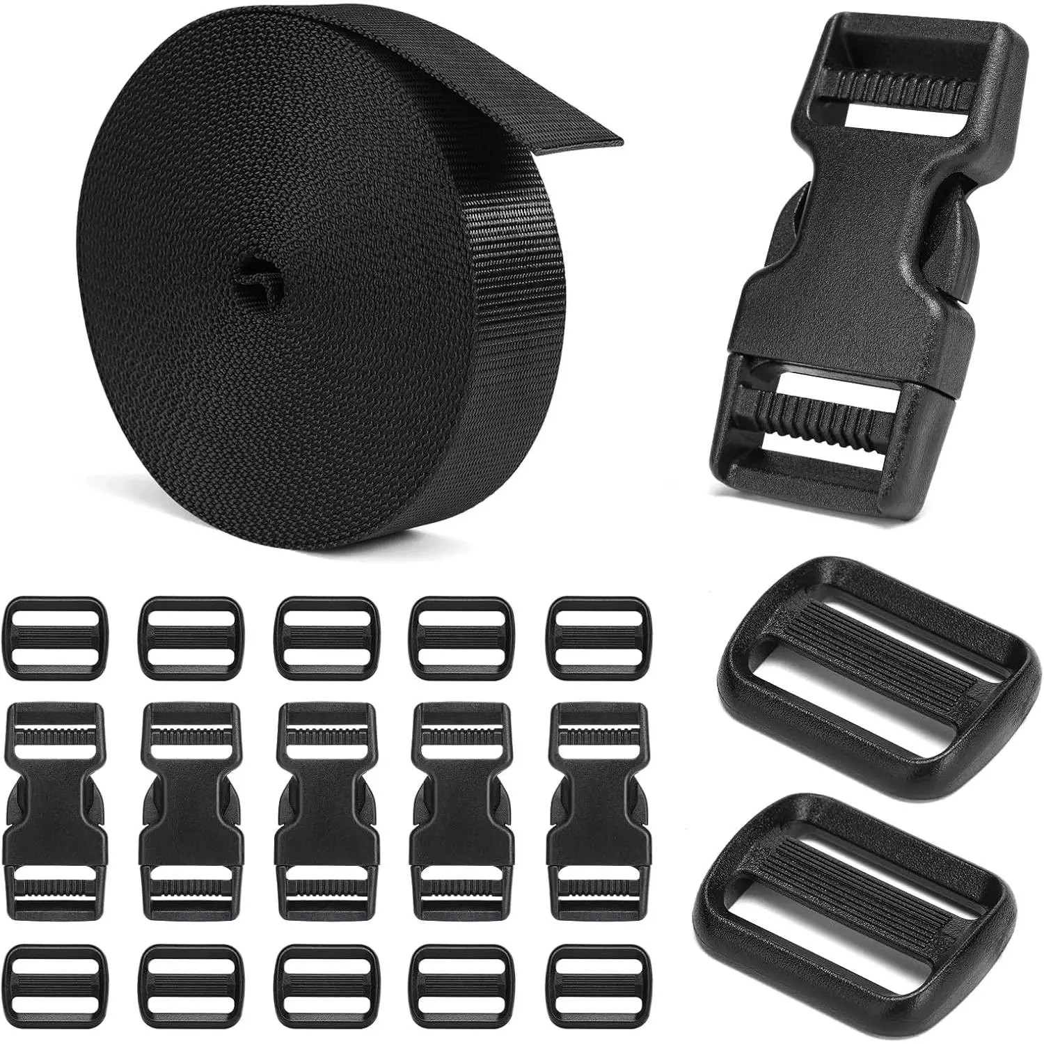 Buckles and Straps Set 1": 6 Yards of Thick Nylon Webbing, 6-Pack Heavy Duty Adjustable Quick Side Release Plastic Buckles, 12 Tri-Glide Slide Clips, Black (1-Inch Combo Set)