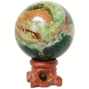 Ocean Jasper Sphere with Wood Stand Natural OJ Crystal Quartz Ball