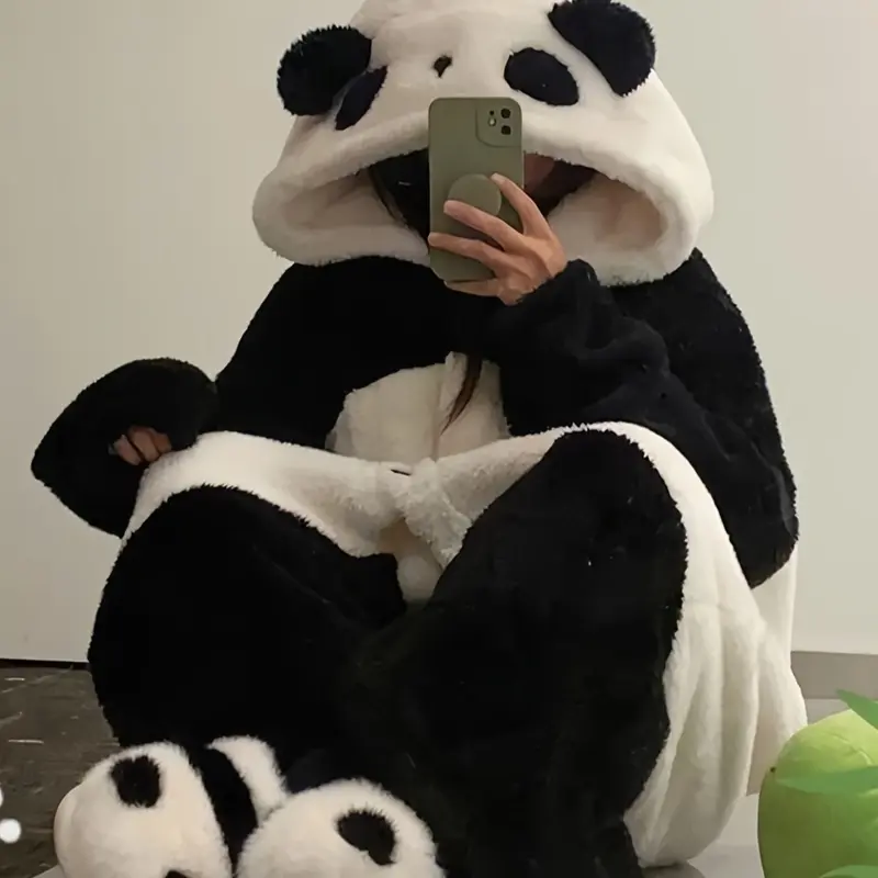 1pcs Men's Winter Cartoon Panda Pajamas Set, Long Flannel Sleepwear Long Sleeve, Thickened Home Wear Loungewear, Homewear, Ideal Gift for Thanksgiving & Christmas, Hooded Flannel Pajamas