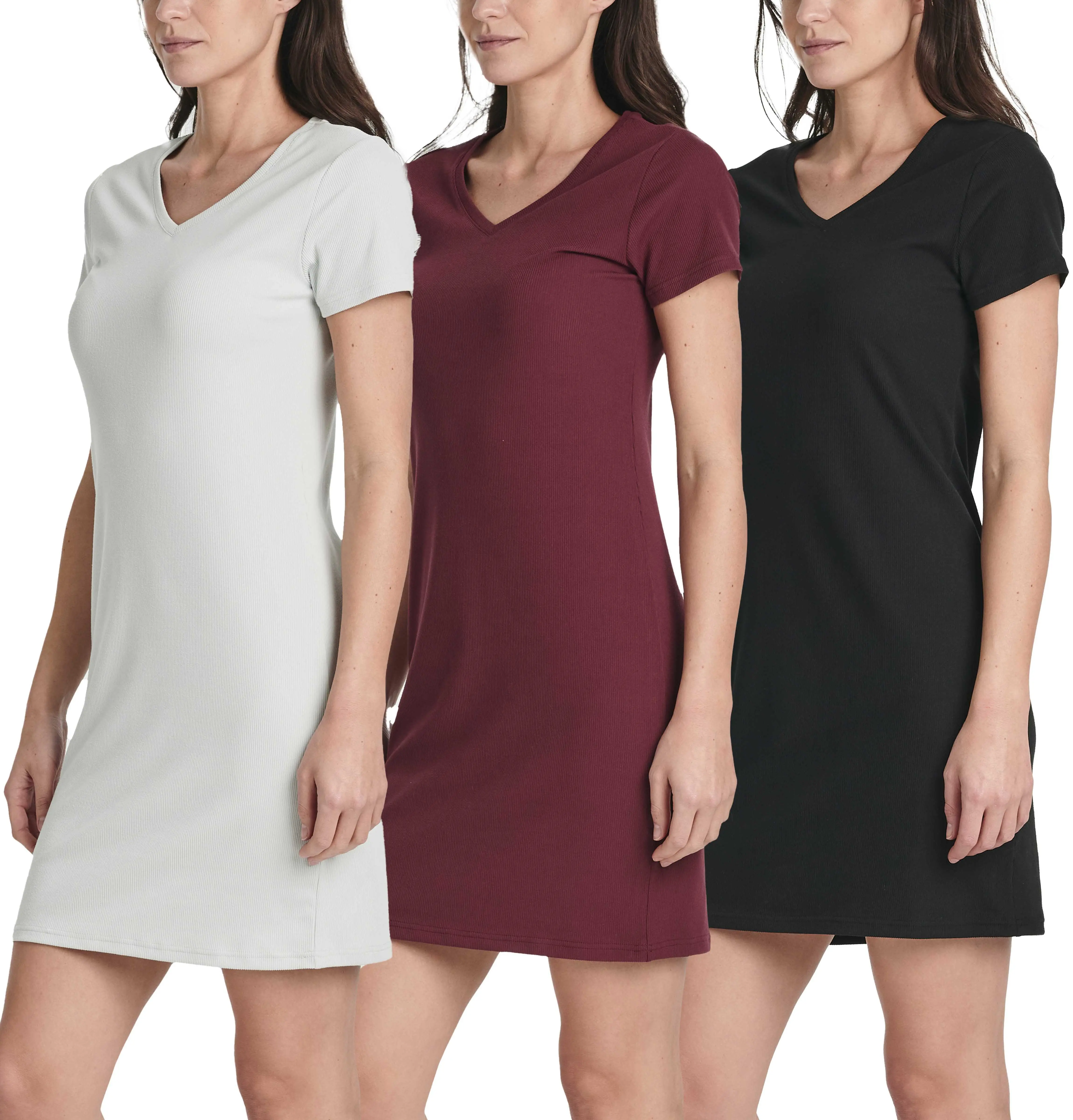 Real Essentials 3 Pack: Women's Ribbed Knit Short-Sleeve V-Neck Swing T-Shirt Casual Dress (Available in Plus)
