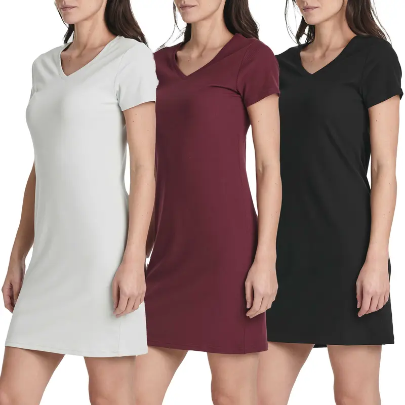 Real Essentials 3 Pack: Women's Ribbed Knit Short-Sleeve V-Neck Swing T-Shirt Casual Dress (Available in Plus)