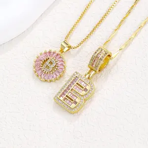 2pc Women's Shiny Exquisite Necklace Fashion Thick Custom Name Necklace Personalized Round Pendant Zircon Letter Name Crystal Jewelry Gift