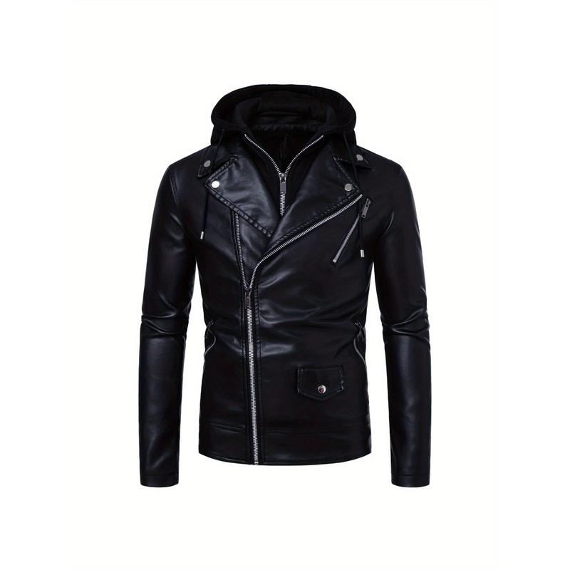 Men's fashionable black PU leather jacket - A versatile and fashionable black mid-length hooded motorcycle leather jacket for winter stand-up collar casual men. Besides keeping warm for men