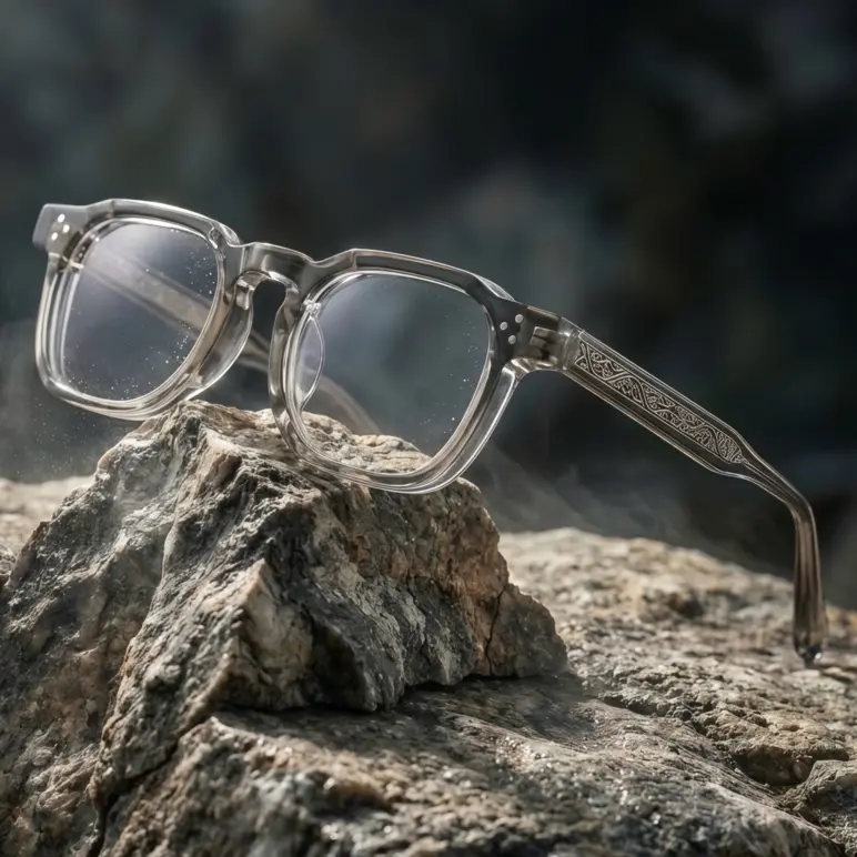EUNOIALENS Unisex Vintage Fashion Eyewear - Trendy Square Frames Eyeglass, Grey Thick Acetate Frame, Patterned Temples, Blue Light Blocking Stylish Protective Glasses for Anti-Eye-Strain Non-Prescription Computer Use