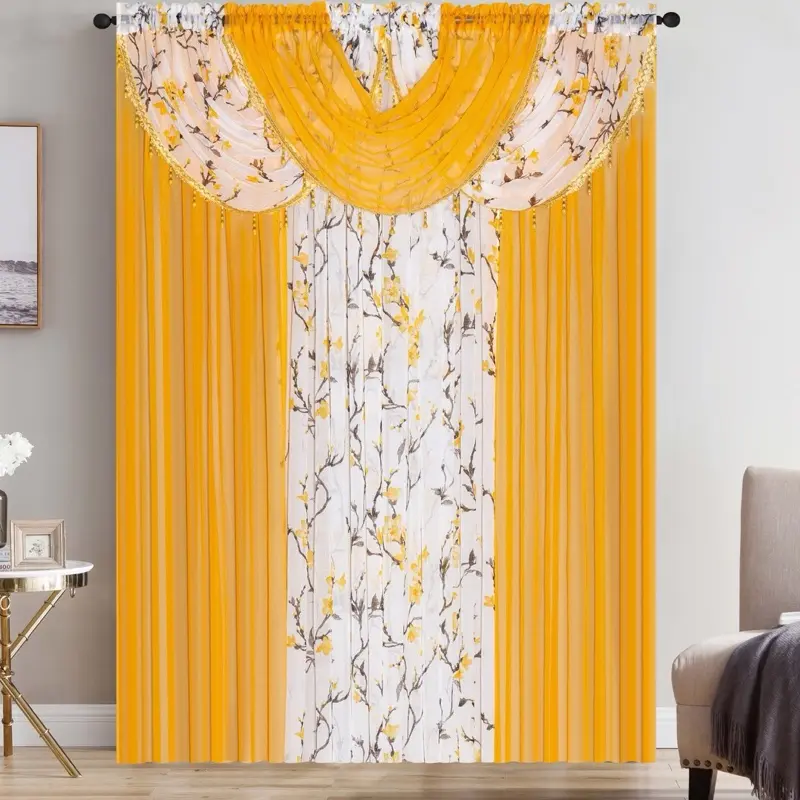 Bollft All in One Luxury Sheer Curtain 53"x84" with 4 Attached Panels & 2 Attached Valances Featuring Flowers Shack Dark Blue Interior Decoration Accessories