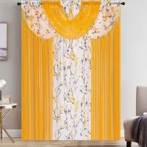 Bollft All in One Luxury Sheer Curtain 53"x84" with 4 Attached Panels & 2 Attached Valances Featuring Flowers Shack Dark Blue Interior Decoration Accessories