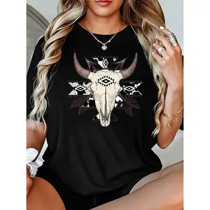 Women's Southwest Tribal Cow Skull Graphic T-Shirt - 100% Cotton Crew Neck Short Sleeve Black Summer Fashion Top Womenswear Casual Crewneck Tshirt Streetwear