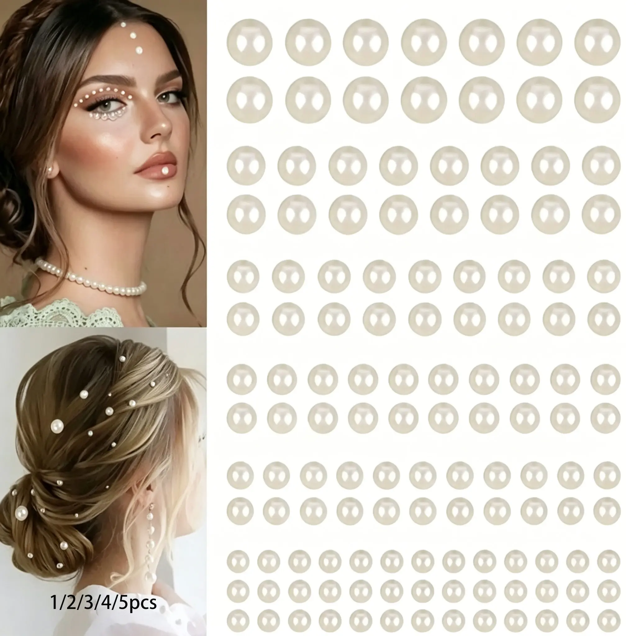 1/2/3/4/5pcs Sparkling Rhinestones Sticker, Self-Adhesive Acrylic Crystal Gems Stickers, Round Diamante Gems for Nail Art Phone Decorations, Self-Adhesive Hair, Beige Pearls Stickers Mix, Face Pearls Stickers, Sticker Decal