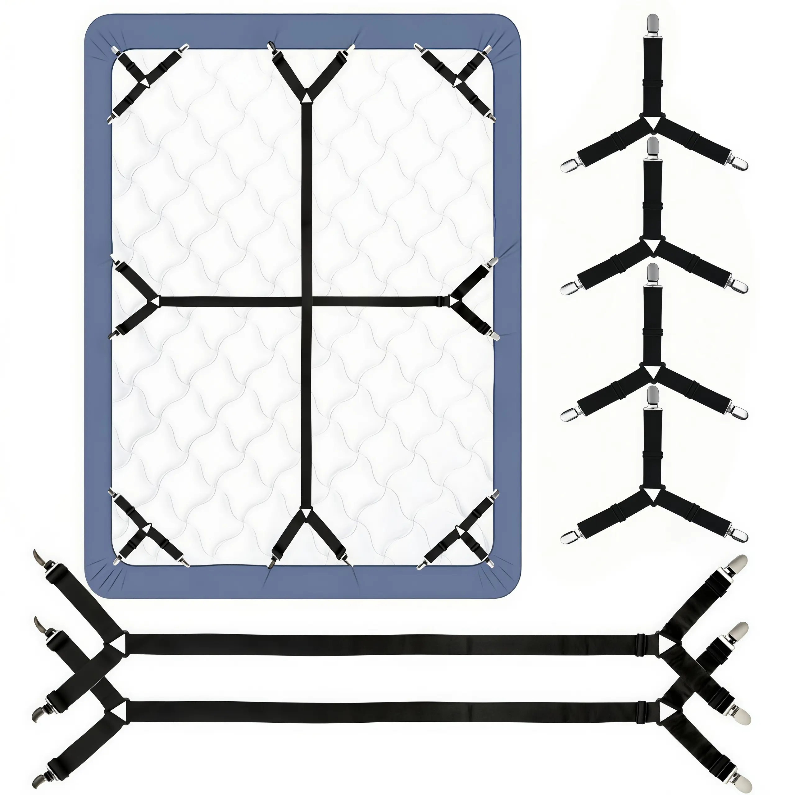 LMMAKE 6PCS Adjustable Crisscross Bed Sheet Straps with Easy Installation, Enhanced Grip, Heavy-Duty Metal Locking Clips, Durable Mattress Suspenders Bedding Accessories (Black)