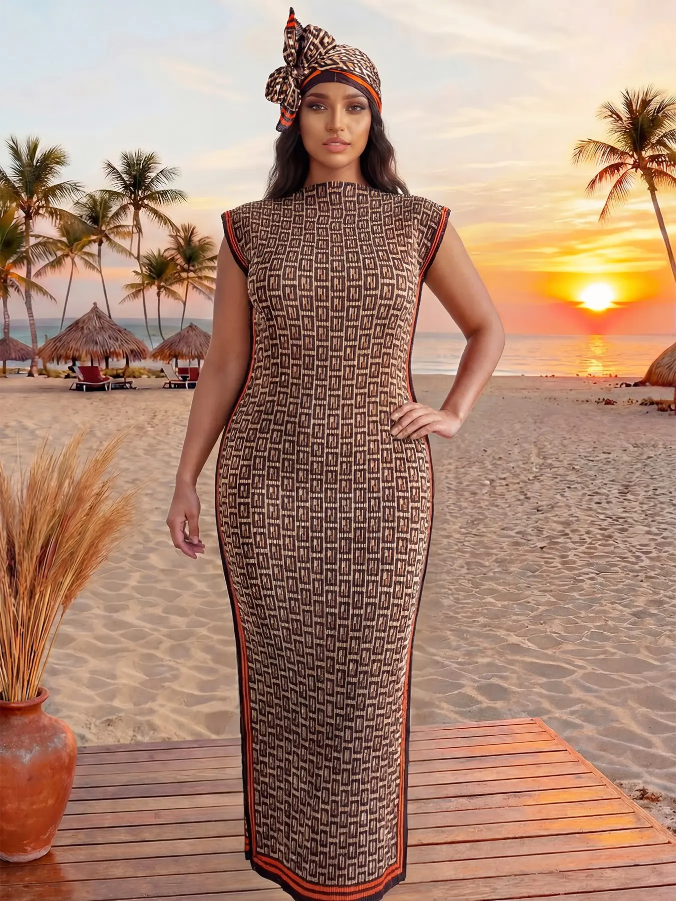 Women's Geometric Print Long Dress & Scarf Set, Elegant Chic Slim Fit Moo Moo Maxi Skirt, Beach Sun Protection Silk Shawl, Beachwear