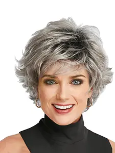 Women's Gradient Silver Color Short Curly Wig, Daily Wear Full Headset Wig, Straight Design, Straight Synthetic Wig, All Seasons, 1pc