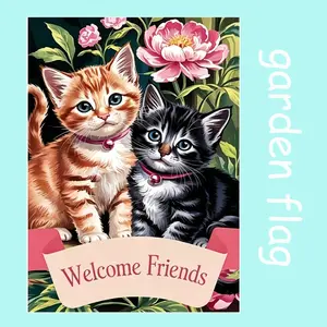 Welcome Friends Kitten Garden Flag, Cute Floral Cat Yard Flag, Spring Flower Pet Themed Outdoor Decor 12*18inch