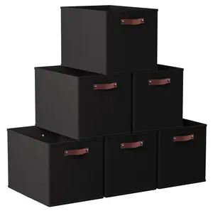 Foldable Linen Kallax Storage Cube Bin with Leather Handles – 13x15x13 Inch - Set of 6 Black