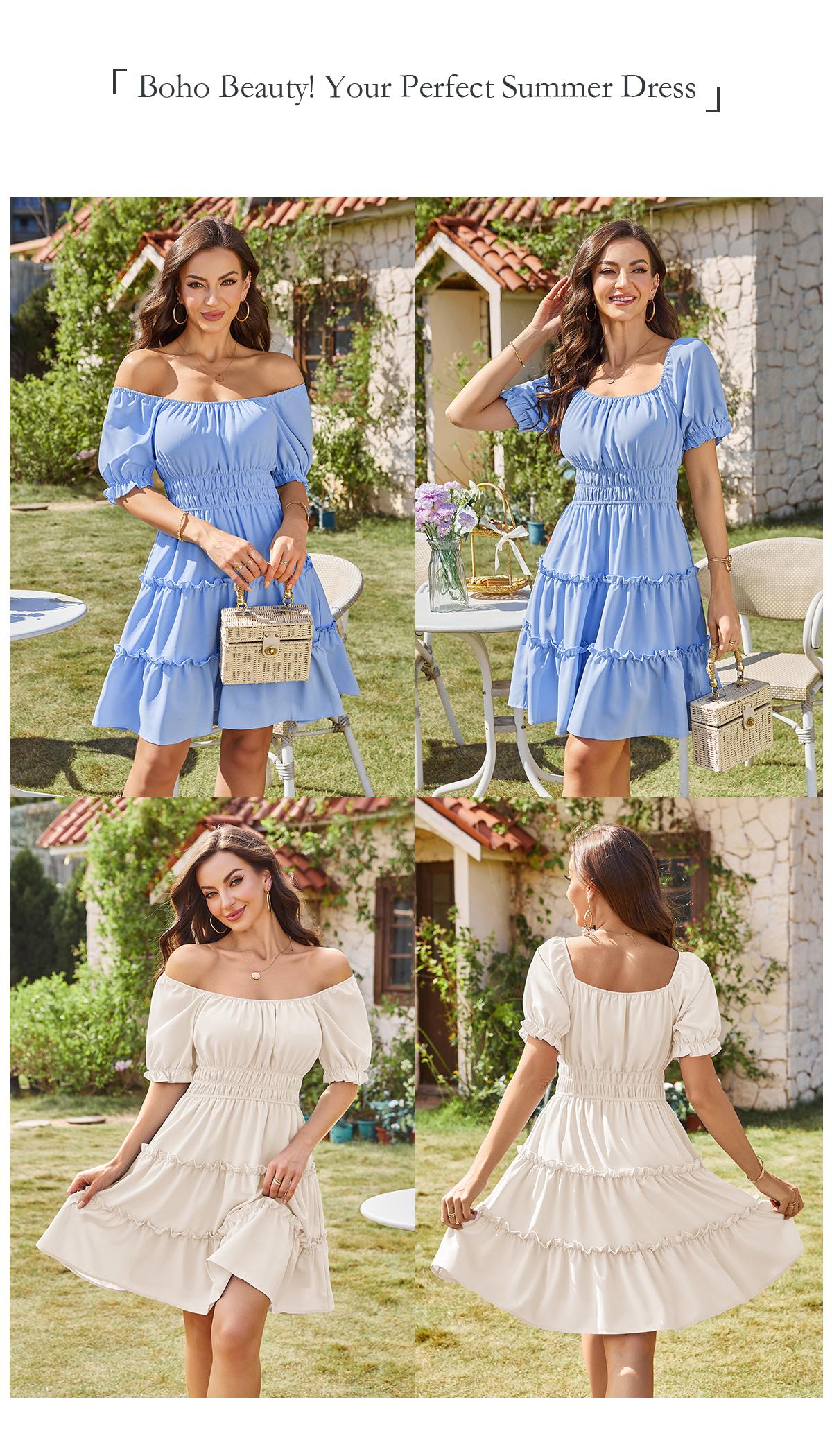 Chicovar Women's Boho Smocked Waist Mini Dress Puff Short Sleeve Tiered Ruffle Flowy Summer Beach Party Dress,Easter dress Shortsleeve