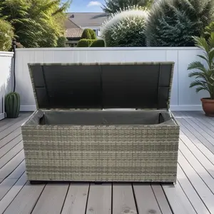 Outdoor Storage Box, 113 Gallon Wicker Patio Deck Boxes with Lid, Outdoor Cushion Storage Bench for Pillows, Towel Grey Wicker