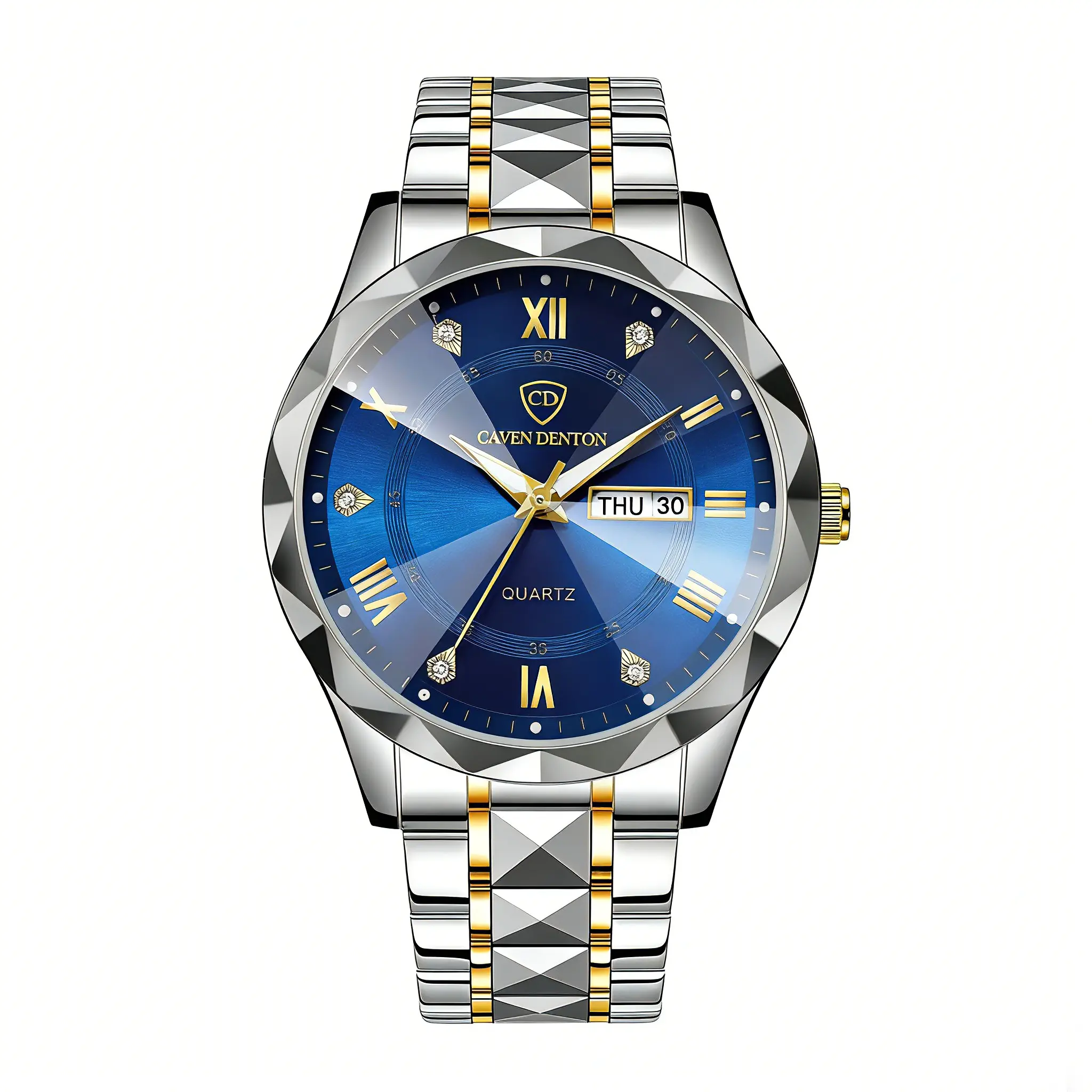 Men's Business Analog Wristwatch, Stainless Steel with Gold Accents, Luminous Blue Dial, Waterproof with Day-Date Calendar and Analog Quartz Movement