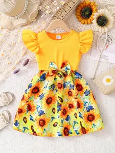 Sunflower Print Girls Casual Dress, Summer Thin Breathable Fly Sleeve Round Neck Butterfly Waist, Kids Party Holiday Floral Printed Dress, Floral Pattern Dress