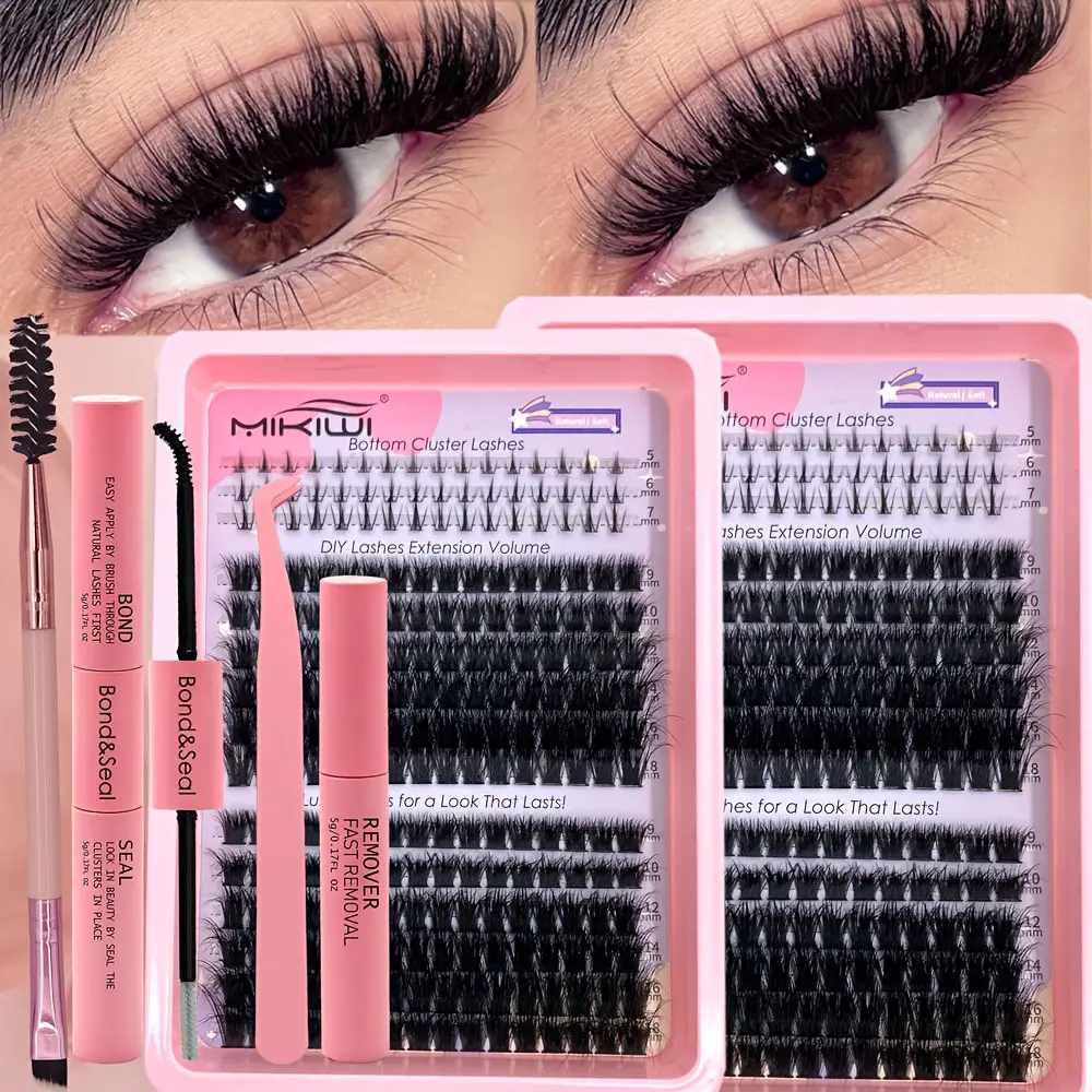Mikiwi curl Lash clusters Eyelash Extension kit - Extra Thick Mixed Length Wispy Manga Lashes Mix bottom Lashes Individual Eyelash Extension, U01/60/80/100/120D Lashes With Eyelash Brush + Bonding And Sealing + Tweezers + Removal Liquid Suitable for Chris