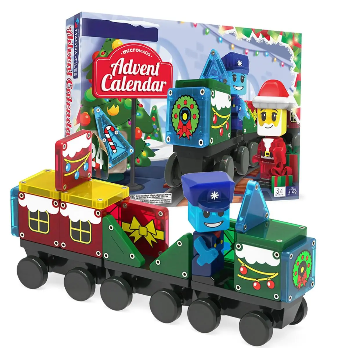 Magnetic Tiles Christmas Advent Calendar 2026 – 34-Piece Building Set with Squares Triangles Santa Figure & Track Chassis, STEM Learning Toy for Kids Ages 3+, Holiday Countdown Gift